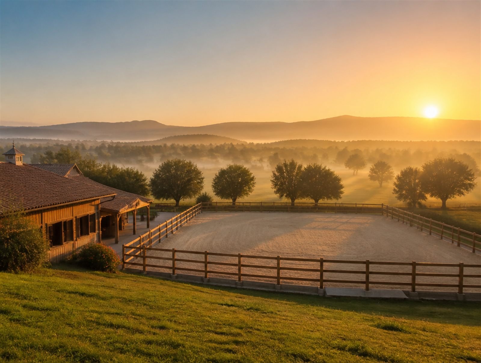 Cuadras y picadero de una finca ecuestre española al amanecer